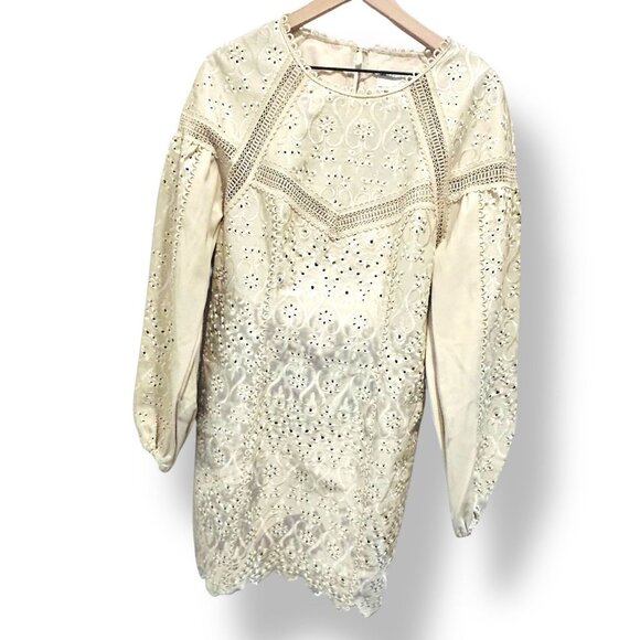 ASOS Design Cream Ivory Embroidered Balloon Sleeve Lined Dress Women’s Size 10 - Picture 1 of 16